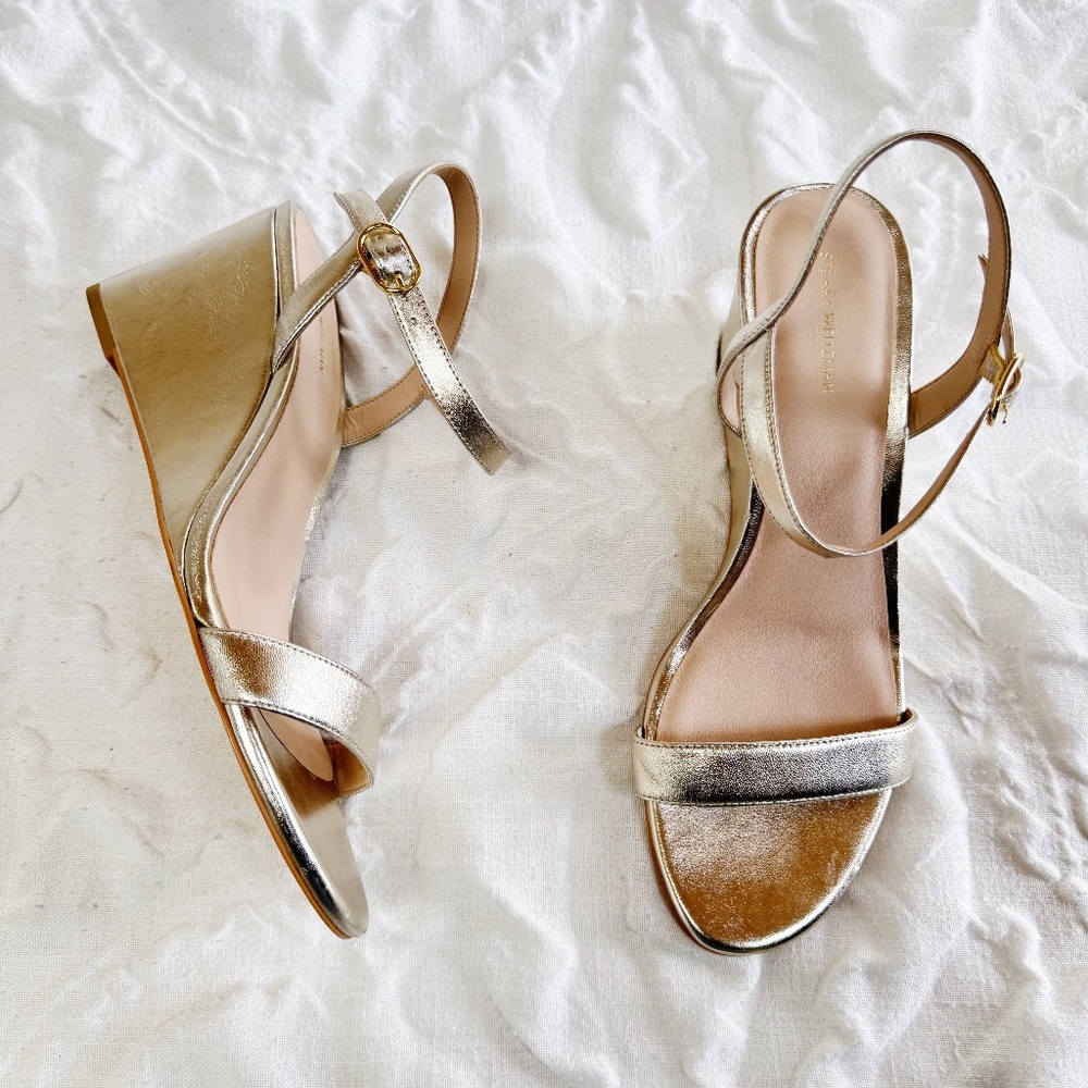 Stuart Weitzman Metallic Gold Wedge Sandals